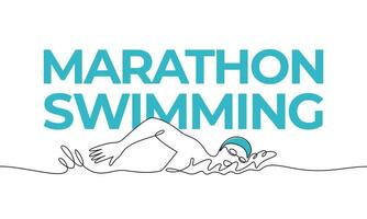 Single continuous drawing. Sports, triathlon, marathon swimming. Colored elements and title. One line vector illustration