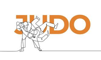 Single continuous drawing. Judo, Japanese martial art. Colored elements and title. One line vector illustration