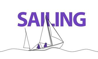 Single continuous drawing of a boat in a sailing regatta. Sailing. Colored elements and title. One line vector illustration