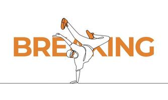 Single continuous drawing. BREAKING, dance, breakdance. Colored elements and title. One line vector illustration