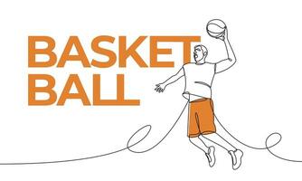 Single continuous drawing of a basketball player throwing or catching a ball. Bounce. Basketball. Colored elements and title. One line vector illustration