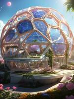 A majestic, crystal clear geodesic dome, AI generated. photo