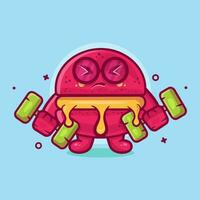 gracioso macaron panadería personaje mascota haciendo culturismo utilizando pesa aislado dibujos animados en plano estilo diseño vector