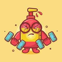 gracioso mascota champú botella personaje mascota haciendo culturismo utilizando pesa aislado dibujos animados en plano estilo diseño vector