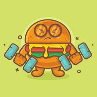 linda hamburguesa comida personaje mascota haciendo culturismo utilizando pesa aislado dibujos animados en plano estilo diseño vector