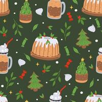 Winter Christmas seamless pattern with desserts and drinks. Vector graphics.