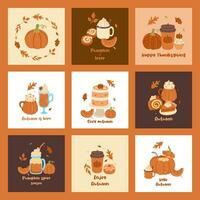 Set of autumn cards or posters with pumpkin food and drinks. Vector graphics.