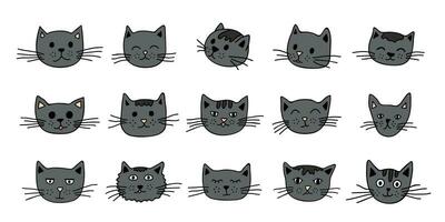 Hand drawn cat muzzle clipart. Cute pet face doodle set vector