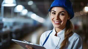 a Positive smiling female technologist holding checklist inside the food processing factory. Industrial food. Generative Ai photo