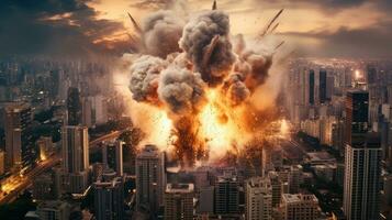 Explosion in a city with tall buildings in war. Generative Ai photo