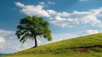 Landscape view of one big tree on the top of the hill with green grass on a hillside with blue sky and clouds in the background. Generative Ai photo