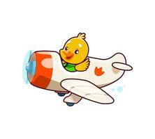 Cartoon cute duck animal character flying on plane vector