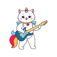 Cartoon cute caticorn with guitar, kitten unicorn vector