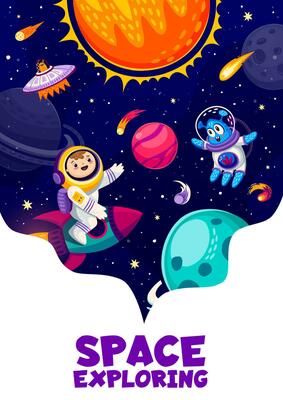 Cartoon space poster with alien and kid astronaut