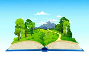 Cartoon opened book with green forest and meadow vector