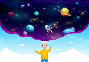 Boy kid in VR helmet and galaxy space in universe vector