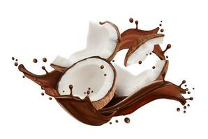 Realistic chocolate drink splash with coconut vector