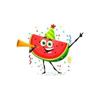 Cartoon watermelon character on birthday holiday vector