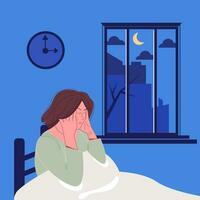 insomnio, dormir trastorno concepto. un mujer se sienta en cama y no puedo otoño dormido vector