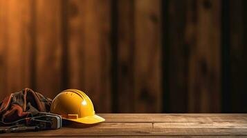 a Helmet of construction worker tools on brown wooden background with copy space, space for text design. Construction Banner. Generative Ai photo