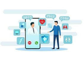 Healthcare technology Patients video calling with doctors via smartphones It refers to technology combining with medical to allow people to receive treatment quickly. vector