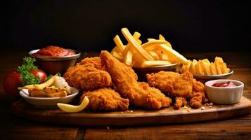 Fried chicken with french fries and nuggets meal - junk food and unhealthy food on wooden table. Generative Ai photo