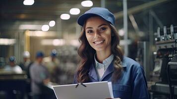 un positivo sonriente hembra tecnólogo participación Lista de Verificación dentro el comida Procesando fábrica. industrial alimento. generativo ai foto