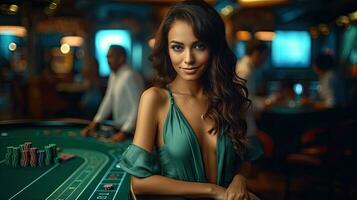 A beautiful girl croupier at the casino at the table in Casino. Gambling, Poker. photo