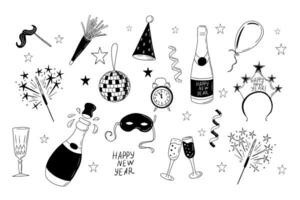 New Year party items in doodle hand drawn style. Sketchy outline collection for winter holiday or coloring pages, stickers, pattern. Black wine glasses, balloon, bottle, champagne on white background vector