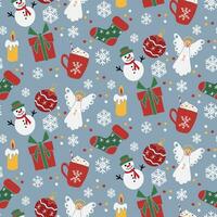 Flat hand drawn minimalistic Christmas pattern with traditional winter holiday elements on grey background. Holiday design for decoration, wrapping paper, textile, wallpaper vector