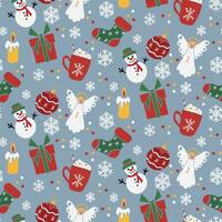 Flat hand drawn minimalistic Christmas pattern with traditional winter holiday elements on grey background. Holiday design for decoration, wrapping paper, textile, wallpaper vector