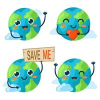 Vector illustration of a cute planet Earth with a face and hands. Happy clean planet.