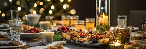 Dinner table full of dishes with food and snacks, Christmas and New Year's decor with a Christmas tree on the background. Generative Ai photo