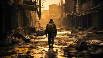 a Lone soldier walking in destroyed city. aftermath of war. Generative Ai photo