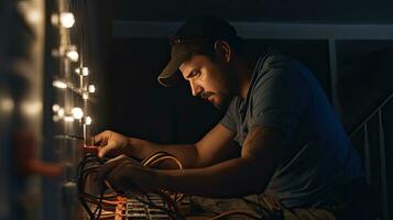 an Electrician fixing the light inside remodeled apartment. Reinstallation of Residential Electrical System. Generative Ai photo