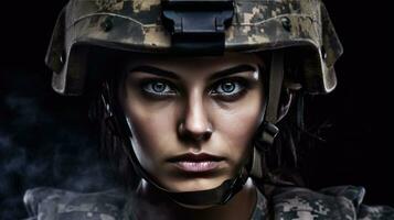 un fuerte mirando mujer vistiendo militar uniforme incluso camuflaje fatigas y un casco. ella es Listo para guerra a proteger y servir su país. generativo ai foto