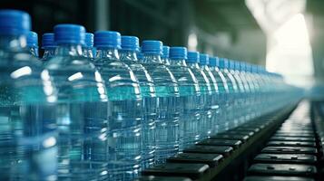 Drinking water are bottled in plastic bottles in a clean factory. Generative Ai photo