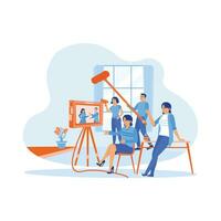 A team of professional film crew shoots a scene of two models. Talented female director looking at movie scenes on TV screen and talking with an assistant, hitting Blockbuster. Video Editor concept. vector