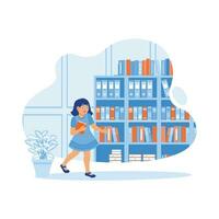 un alegre pequeño niña es en el colegio biblioteca. él llevado un libro y destacado en frente de el estante para libros. para niños concepto. tendencia moderno vector plano ilustración