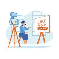 Young female vlogger creating video content at home. Vloggers ask online viewers to like and subscribe to their channels. Content Creator concept. trend modern vector flat illustration