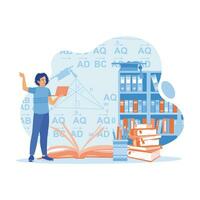 A student is studying mathematical formulas using a laptop. A graduation cap on a bookshelf and stationery beside it. Education concept. trend modern vector flat illustration