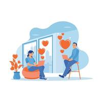 Young men and women sitting with laptops in their lap. Send each other love messages with heart symbols coming out of the computer. Online Dating concept. trend modern vector flat illustration