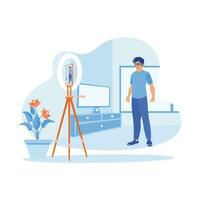 An adult man is standing smiling at the camera inside the house. Presenting something using a cell phone call. Content Creator concept.  trend modern vector flat illustration
