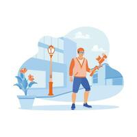 Young male blogger or vlogger traveling on a city street. Looking at the camera and talking about video capture with technology. Content Creator concept. trend modern vector flat illustration