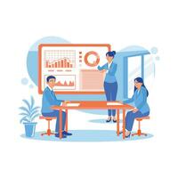 Female manager holding a meeting presentation with the company's team of economists. Analyze growth charts, statistics, and data. Growth Analysis Concept. trend modern vector flat illustration