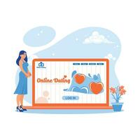 A young woman carrying a smartphone visits an online dating site via a laptop screen. Screen graphics are created. Online Dating concept. trend modern vector flat illustration