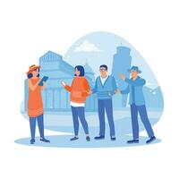 A group of young tourists in Pisa, Italy. Listening to a guide's explanation about a famous monument. Tourist Guide concept. trend modern vector flat illustration