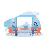 Business people and women sitting in armchairs solving problems inside the office. Bankers inform clients about bank services, making recommendations and consultations. Discuss Information concept. vector