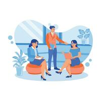 Young businessman working in modern office. Discuss, exchange ideas, and plan work at business meetings in office space. Discuss Information concept. trend modern vector flat illustration