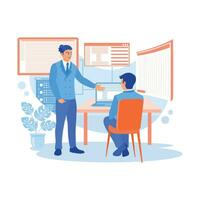 Young AI programmer and IT developer team discussing programming on computers in the company. Discuss Information concept. trend modern vector flat illustration